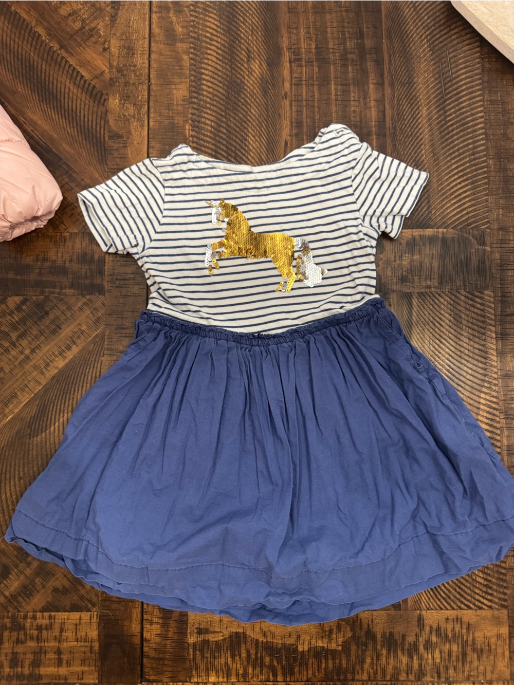 Mini Boden Navy Striped Bodysuit Dress with Gold Sequin Horse